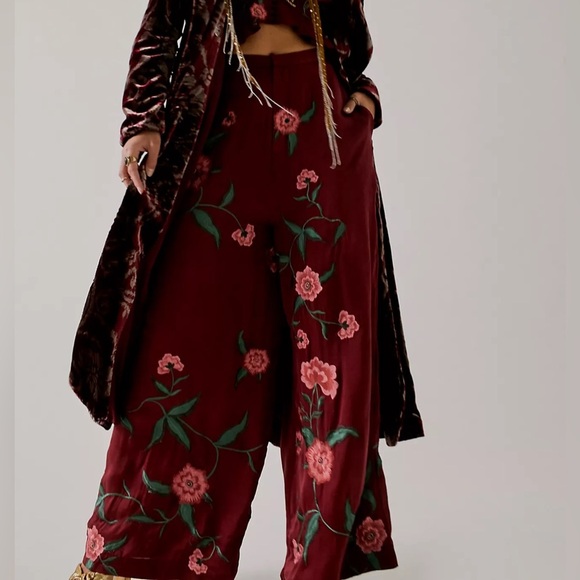 Anna Sui x Free People Poppy Satin Floral Embroidered Bohemian Wide Leg Pants 4 - Picture 1 of 10